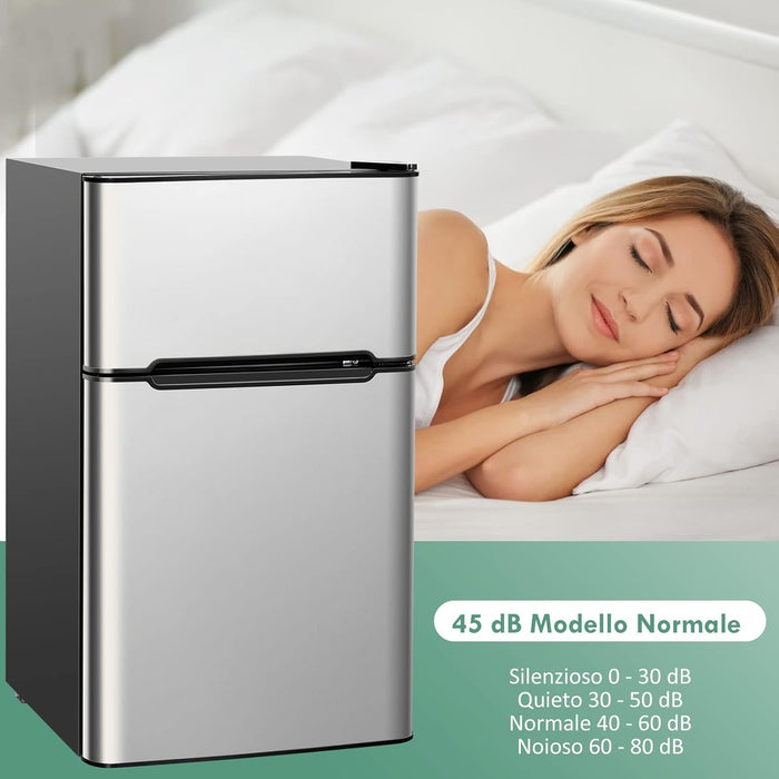 Frigorifero 90 L (27+63), Freezer Separato con 2 Ante e Luce LED, Refrigerazione Rapida, Silenzioso, Mini Frigo per Ufficio Casa Bar Hotel, 220-240 V/50 Hz (Grigio) [Classe di efficienza energetica E]