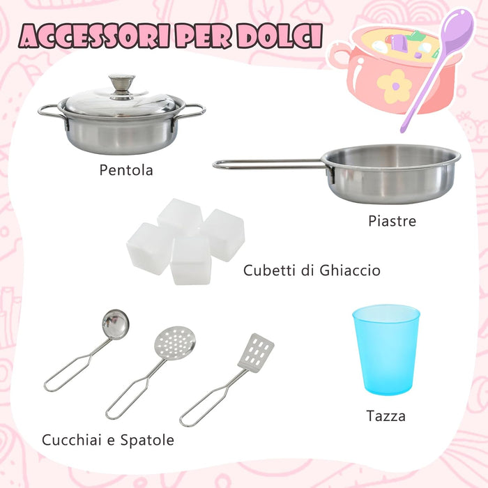 Set da Cucina per Bambini con Lavagna, Telefono, Microonde, Fabbricatore di Ghiaccio, Giocattolo da Cucina in Legno con Accessori e Suoni Simulati per Ragazzi di 3-6 Anni (Rosa)