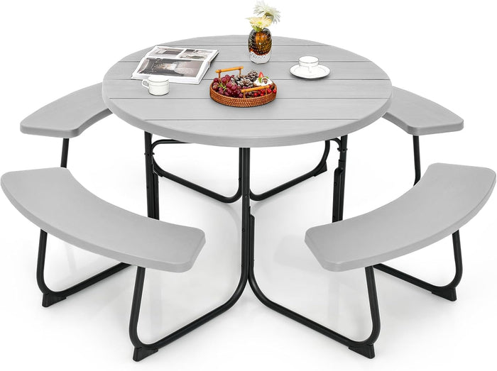 Set Tavolo da Picnic con 8 Posti, Tavolo da Picnic Rotondo con 4 Panche e Foro per Ombrellone, Tavolo da Campeggio Resistente in Metallo, per Giardino, Cortile, Patio (Grigio)