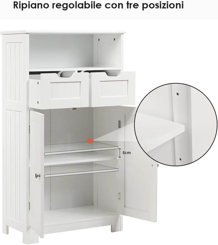 Armadietto Terra da Bagno Mobile Autoportante, Mobiletto Ufficcio Multiuso, con Cassetti e Ripiani, Ampio Spazio, Legno (Bianco)