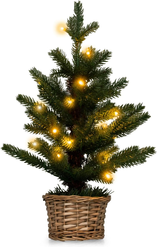 Mini Albero di Natale Artificiale Pre-illuminato, Albero di Natale Piccolo da Tavolo con 96 Rametti, 20 Luci LED Bianche Calde, Timer, Vaso in Legno di Salice
