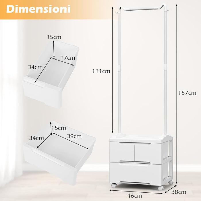 Appendiabiti con 3 Cassetti e Ruote Bloccabili, Stand Appendiabiti Girevole con Ganci Laterali e Barra per Appendere, per Camera da Letto Soggiorno Ingresso, 46x38x157 cm