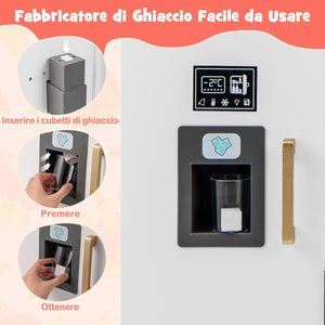 Cucina Giocattolo con Macchina del Ghiaccio e Microonde con Luce, Cucina per Bambini in Legno con 2 Lavagne, Lavandino e Cassetto in Tessuto, Set Cucina con 9 Accessori, 86 x 27 x 83 cm