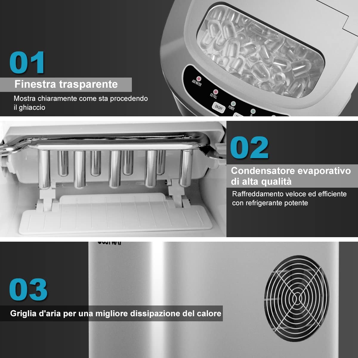 Fabbricatore di Ghiaccio 12kg/24h, Macchine per Cubetti di Ghiaccio, Produttore per Ghiaccio con Serbatoio 2,2L (Argento)