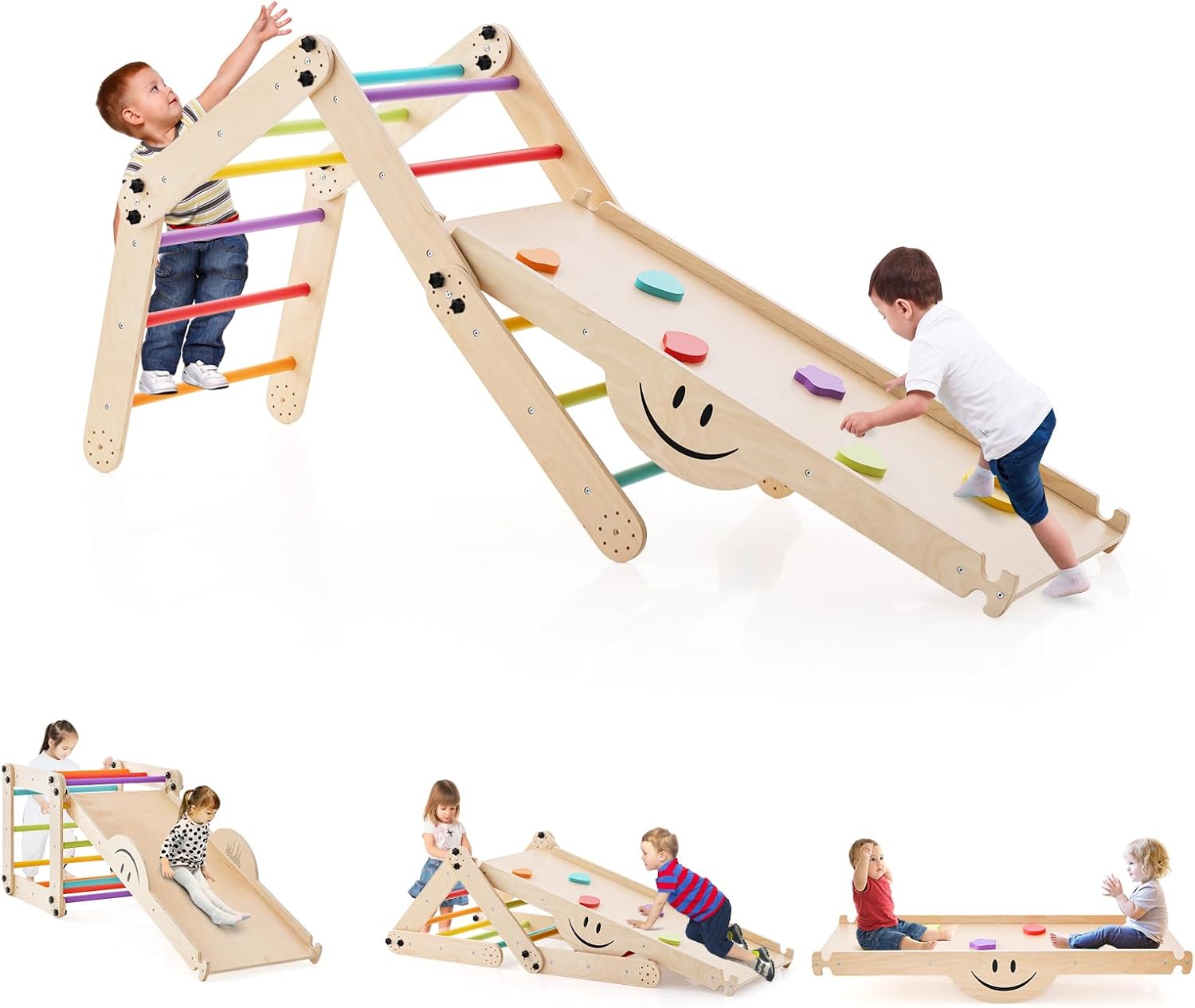 5 in 1 Set da Arrampicata per Bambini, Giochi da Arrampicata Pieghevoli in Legno con Rampe Regolabili e Reversibili, Scala da Arrampicata per Bambini 3+ Anni (Colorato)
