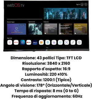 JCL Smart TV 43 Pollici 4K UHD HDR, Android TV, Wi-Fi, DVB-T2, Tripla Porta HDMI, USB, VESA, Modello JCL43WEBOS4K
