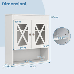 Mobile Bagno Sospeso 54 x 20 x 60 cm, Armadietto da Parete con 2 Ante in Acrilico, Ripiano Regolabile e Scomparto Aperto, Mobiletto da Muro per Lavanderia e Cucina