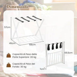 Portavaligie Pieghevole, Porta Valigie Poggia Bagaglio a 2 Ripiani, Cavalletto da Valigie, per Hotel e Viaggio, in Metallo, 68 x 43 x 56 cm (Bianco 2)