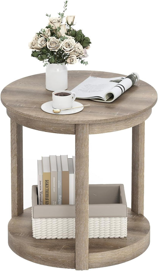Tavolino Rotondo da Salotto, Tavolo da Caffè a 2 Livelli con Ripiano e Gambe in Legno di Gomma, Portata 160 kg, Tavolino in Legno per Soggiorno, Studio e Ufficio, 60,5 x 60,5 x 61 cm (Grigio)