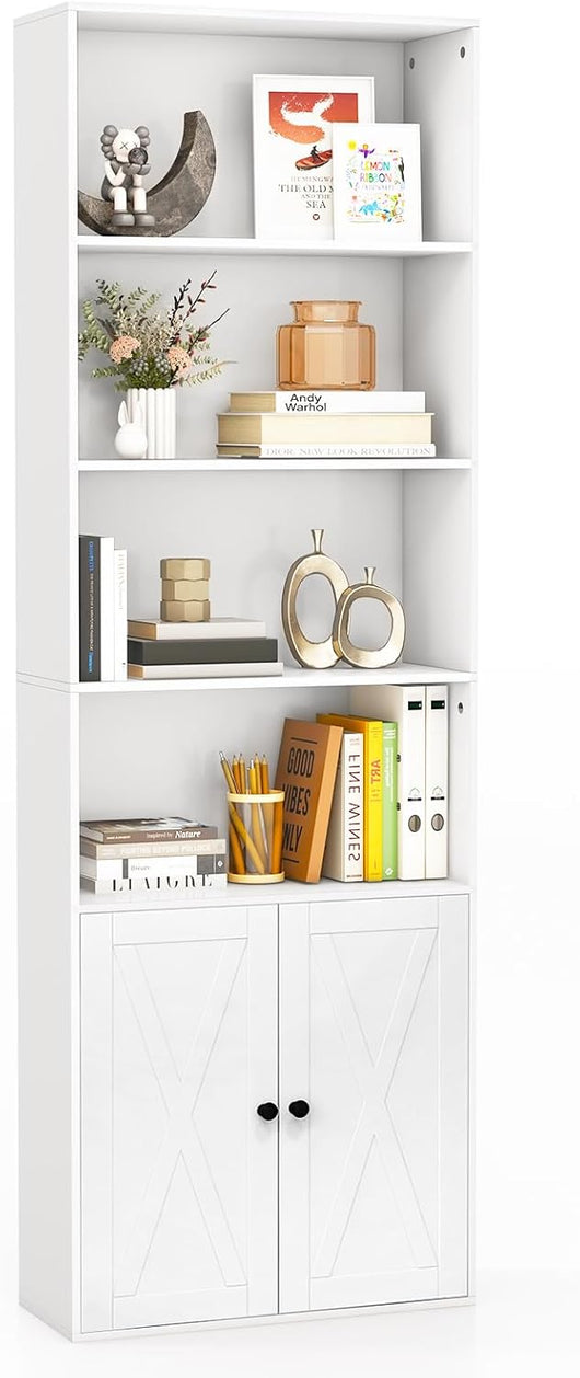 Libreria Scaffale con Ante, Libreria in Legno con 6 Ripiani e 2 Ante, Mobile Multiuso con Ripiano Regolabile per Soggiorno, Camera da Letto, Cucina, 60 x 24 x 180 cm, Bianco