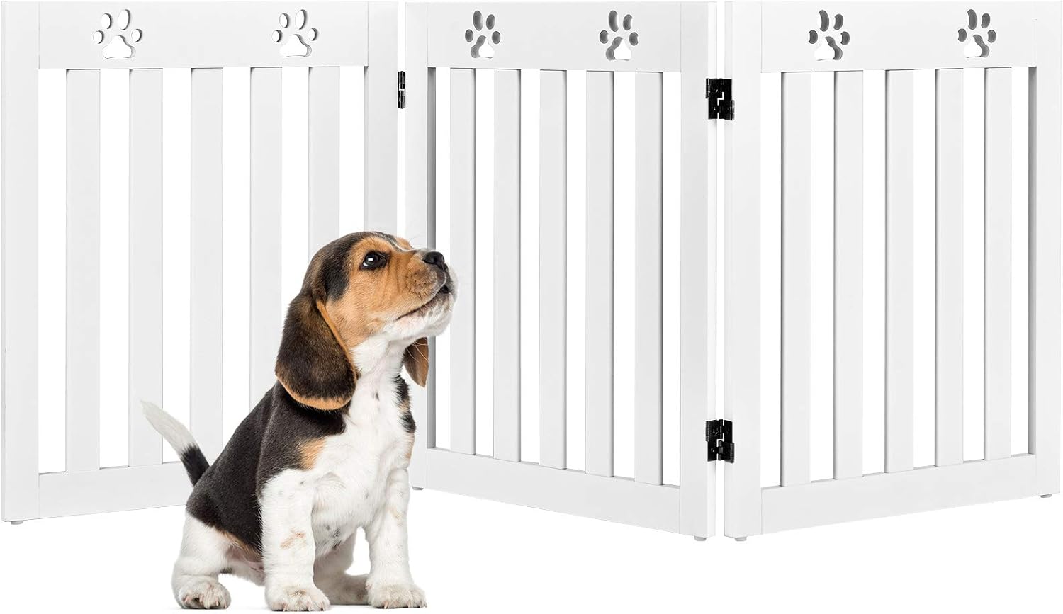 Cancello di Legno per Animali Domestici, Cancello Pieghevole per Cani con Cerniere Fessibili a 360° e 3 Pannelli, Cancello 60 cm da Interno per Casa Scale e Porta d’Ingresso, Bianco