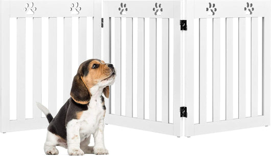 Cancello di Legno per Animali Domestici, Cancello Pieghevole per Cani con Cerniere Fessibili a 360° e 3 Pannelli, Cancello 60 cm da Interno per Casa Scale e Porta d’Ingresso, Bianco