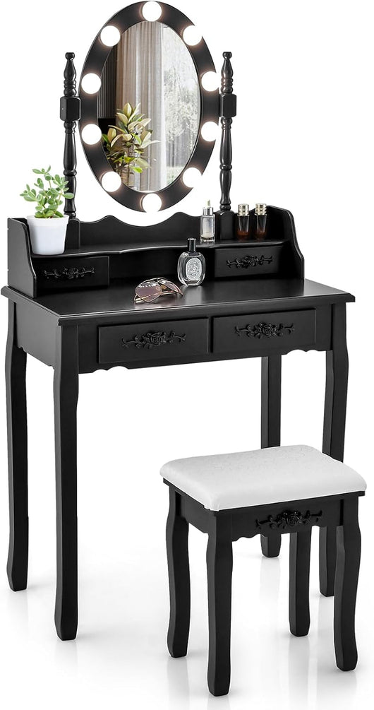 Toeletta Trucco con Specchio e 10 Luci LED, Luminosit¨¤ Regolabile, Postazione Trucco con Sgabello Imbottito, Tavolo da Trucco Scrivania con 4 Cassetti Camera da Letto (Nero)