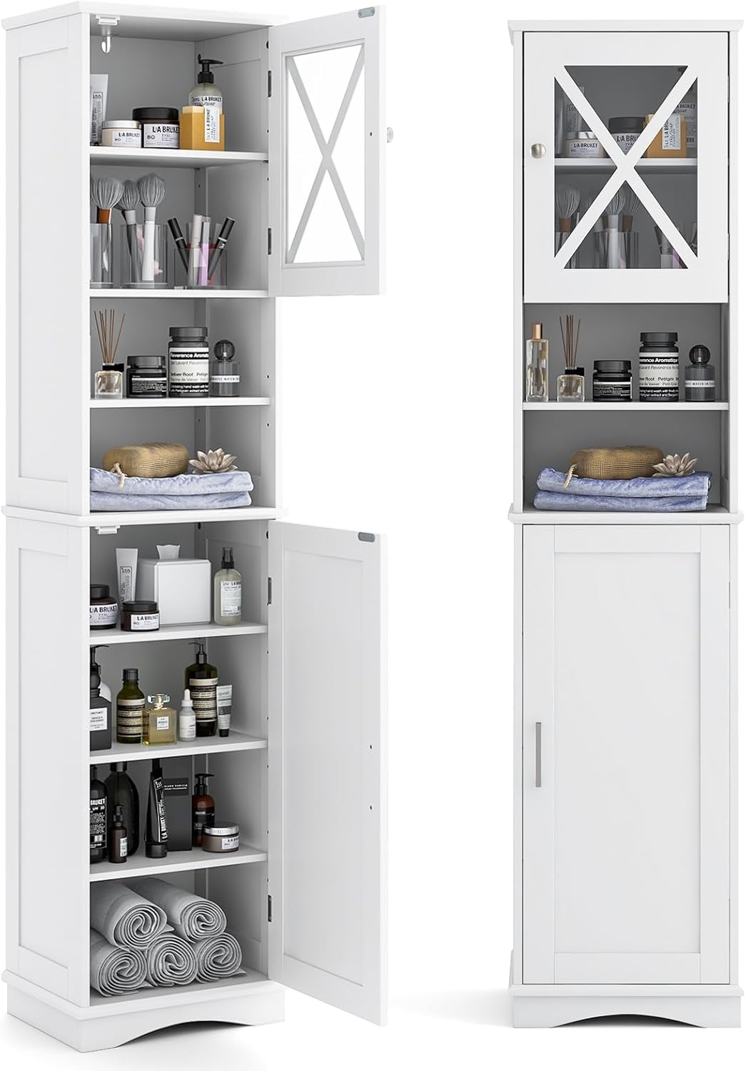 Mobile Bagno 40 x 30 x 170,5cm, Armadietto a Colonna Stretto e Alto con 5 Ripiani Regolabili e 2 Porte, Armadio da Terra in Legno per Soggiorno, Camera da Letto, Salotto e Cucina (Bianco)