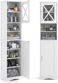 Mobile Bagno 40 x 30 x 170,5cm, Armadietto a Colonna Stretto e Alto con 5 Ripiani Regolabili e 2 Porte, Armadio da Terra in Legno per Soggiorno, Camera da Letto, Salotto e Cucina (Bianco)