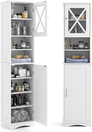 Mobile Bagno 40 x 30 x 170,5cm, Armadietto a Colonna Stretto e Alto con 5 Ripiani Regolabili e 2 Porte, Armadio da Terra in Legno per Soggiorno, Camera da Letto, Salotto e Cucina (Bianco)