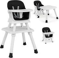 Seggiolone Pappa per Bambini 6 in 1, Seggiolone per Neonati Convertibile, Tavolo per Costruzioni per Bambini, con Imbracatura a 5 Punti, per Bambini da 6 Mesi fino 3 Anni (Nero+Bianco)