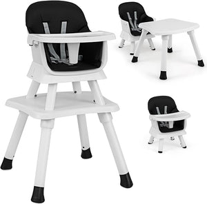 Seggiolone Pappa per Bambini 6 in 1, Seggiolone per Neonati Convertibile, Tavolo per Costruzioni per Bambini, con Imbracatura a 5 Punti, per Bambini da 6 Mesi fino 3 Anni (Nero+Bianco)