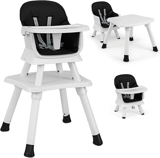 Seggiolone Pappa per Bambini 6 in 1, Seggiolone per Neonati Convertibile, Tavolo per Costruzioni per Bambini, con Imbracatura a 5 Punti, per Bambini da 6 Mesi fino 3 Anni (Nero+Bianco)
