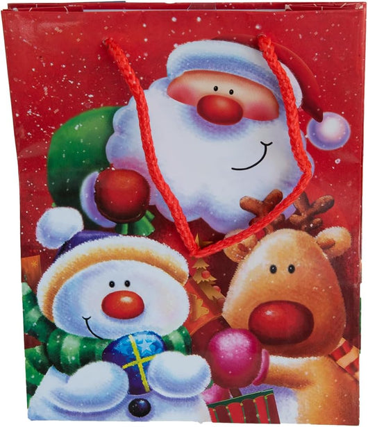 Set 12 Sacchetti Natale Medi 18x8x23 cm – Buste Regalo Natalizie in Carta Plastificata con Babbo Natale, Pupazzo di Neve e Renna