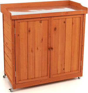 Armadio da Esterno in Legno, Casetta da Giardino con Ripiano Rimovibile e 4 Ruote Universali, Capanno Porta Attrezzi da Esterno e da Interno, 98,5 x 48 x 100 cm