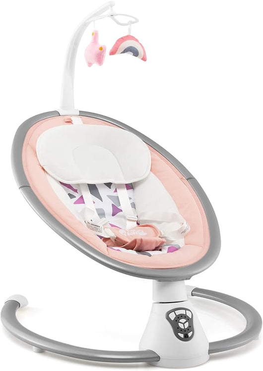 Sdraietta Elettrica Neonati 0-6 Mesi, Sedia a Dondolo Automatico per Bambini, con 12 Melodie, Cuscino, 2 Giocattoli, Regolabile in 5 Velocità, per Bambini 0-6 Mesi, Fino a 9 kg (Rosa)