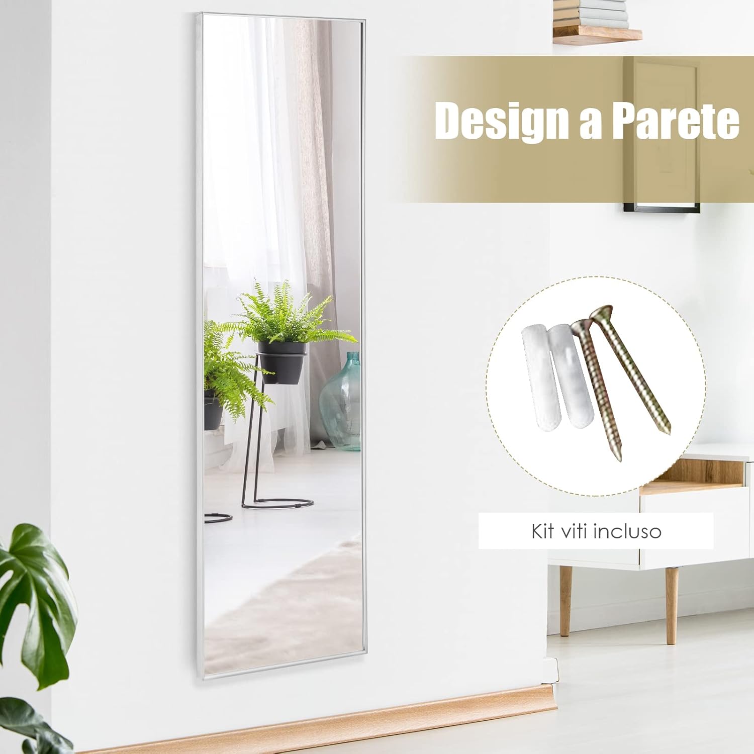 Specchio da Parete Lungo, Specchio da Terra Appendere con Cornice in Lega di Alluminio e Ganci, Per Camera da Letto e Soggiorno, 120 x 37 cm (Argento)