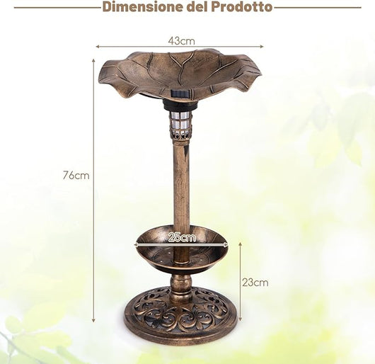Mangiatoia per Uccelli Solare da Esterno, Bagno per Uccelli con Piedistallo e Ciotola a Forma di Foglia di Loto, Fioriera, Lampada Solare, Decorazione Vintage (Bronzo Antico,43 x 43 x 76 cm)
