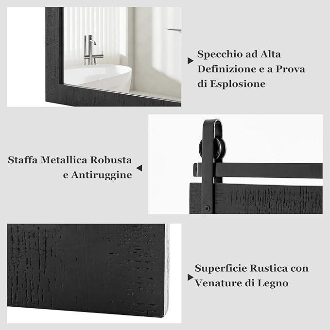 Specchio da Parete 76,5 x 56 cm, Specchio Rettangolare con Cornice in Legno e Staffa in Metallo, Specchio da Bagno Corridoio Soggiorno, Bianco (Nero)