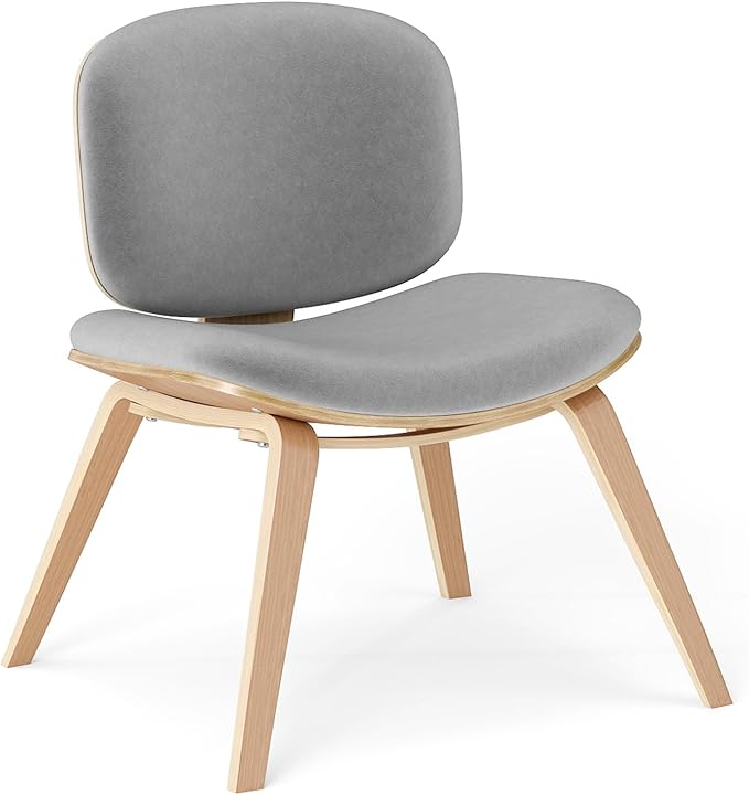 Sedia Relax con Schienale Curvo e Sedile Imbottito, Sedia Laterale con Struttura in Legno, senza Braccioli, per Sala da Pranzo, Soggiorno, Ufficio, Portata 136 kg (Naturale+Grigio)