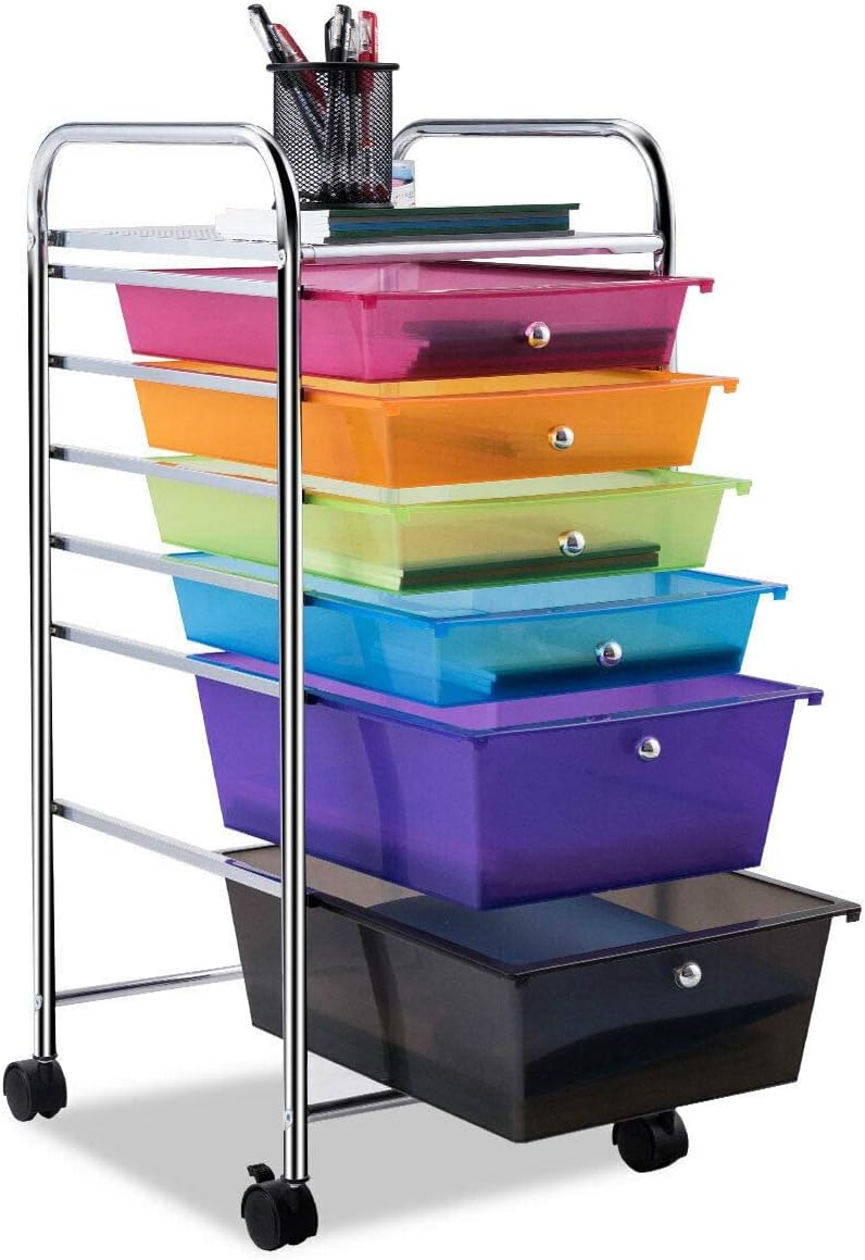 Carrello con 6 Cassetti e Ruote, Cassettiera in Plastica, con Due Dimensioni di Cassetti, Contenitore Multiuso per Casa Bagno e Ufficio, 37 x 74 x 32cm (Colorato)