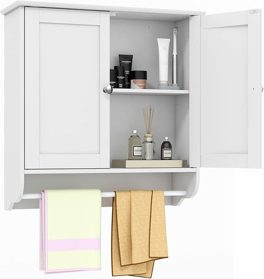 Mobile da Bagno Sospeso, Armadietto da Parete con 2 Ante Barra Porta Asciugamani e Ripiano Regolabile, Salvaspazio Stile Moderno, 60 x 21 x 61 cm (Bianco)