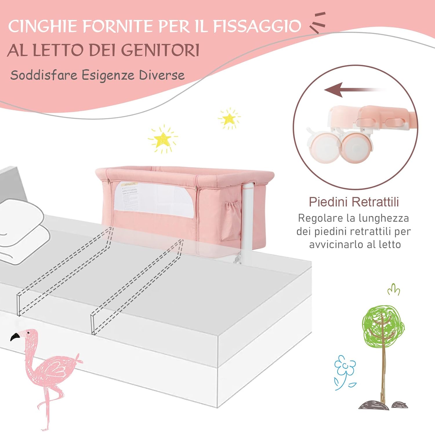 Culla Neonato Fianco Letto 3 in 1, Lettino Dondolo Neonati con Materasso, Culla da Campeggio con Ruote e Borsa, Regolabile In Altezza, Inclinazione di 10°, per Bambini 0-6 Mesi (Rosa)