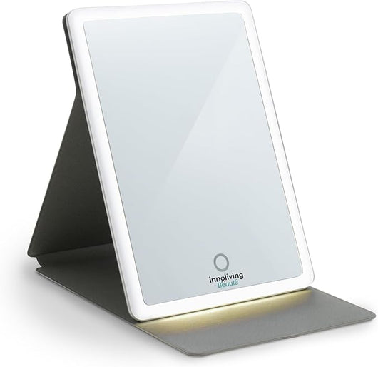 Innoliving Specchio Luminoso Ricaricabile INN-807, Luce LED Regolabile, Luce Regolabile Calda Fredda, Batteria Ricarica USB-C, Base Stabile, Ideale per Trucco, Skincare e Rasatura, Richiudibile Tablet