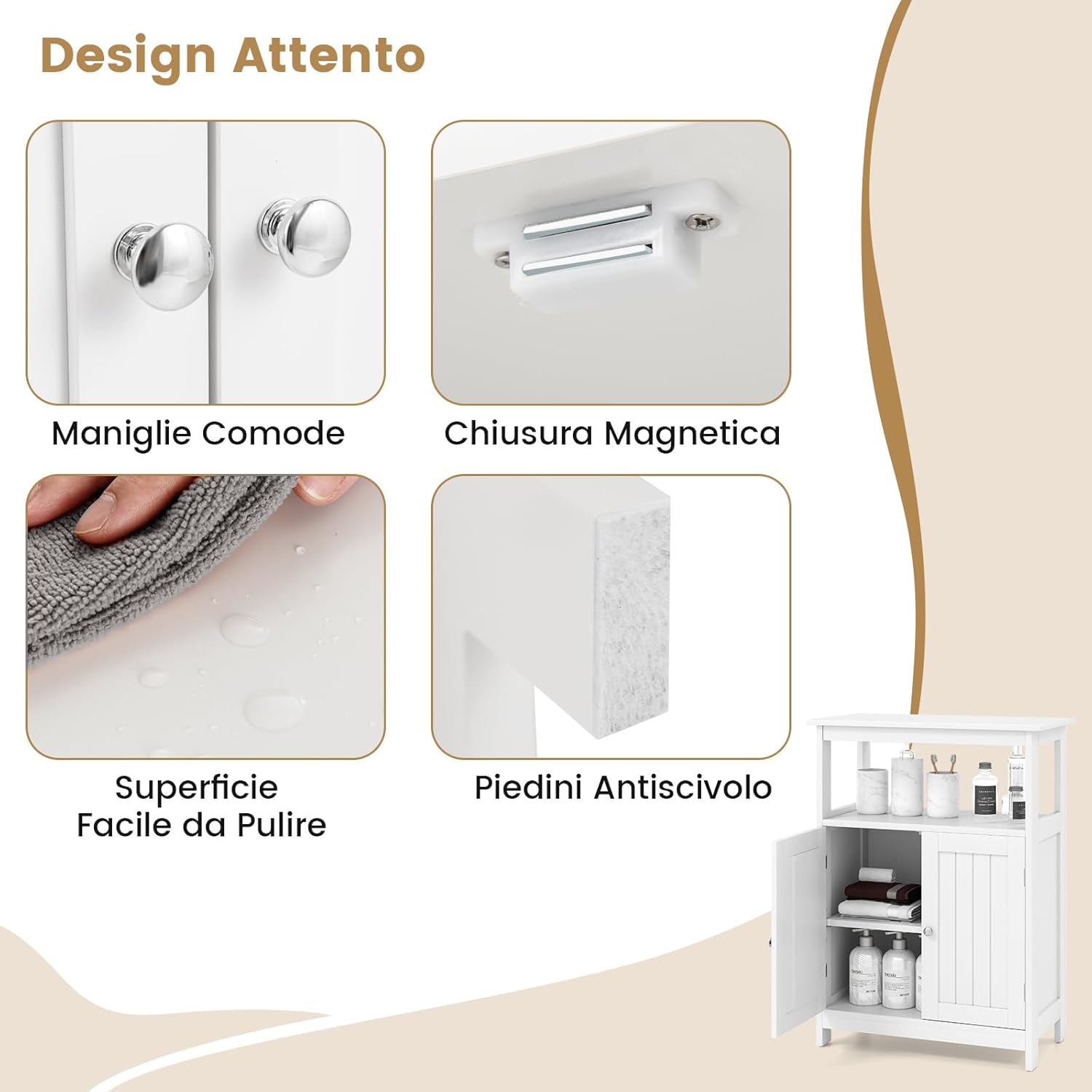 Mobile da Bagno, Armadietto Salvaspazio da Terra con Ripiano Regolabile e 2 Ante, Credenza Moderno in Legno per Soggiorno, Camera da Letto e Ufficio, 60 x 30 x 80 cm, Portata 90 kg (Bianco)