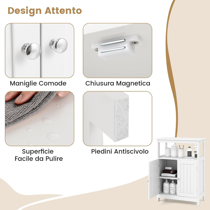 Mobile da Bagno, Armadietto Salvaspazio da Terra con Ripiano Regolabile e 2 Ante, Credenza Moderno in Legno per Soggiorno, Camera da Letto e Ufficio, 60 x 30 x 80 cm, Portata 90 kg (Bianco)