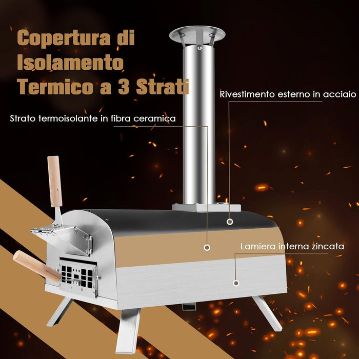 Forno per Pizza da Esterno, Forno per Pizza con Pietra per Pizza, Parafuoco, Gambe Pieghevoli, Camino Smontabile, Fornetto Portatile Giardino