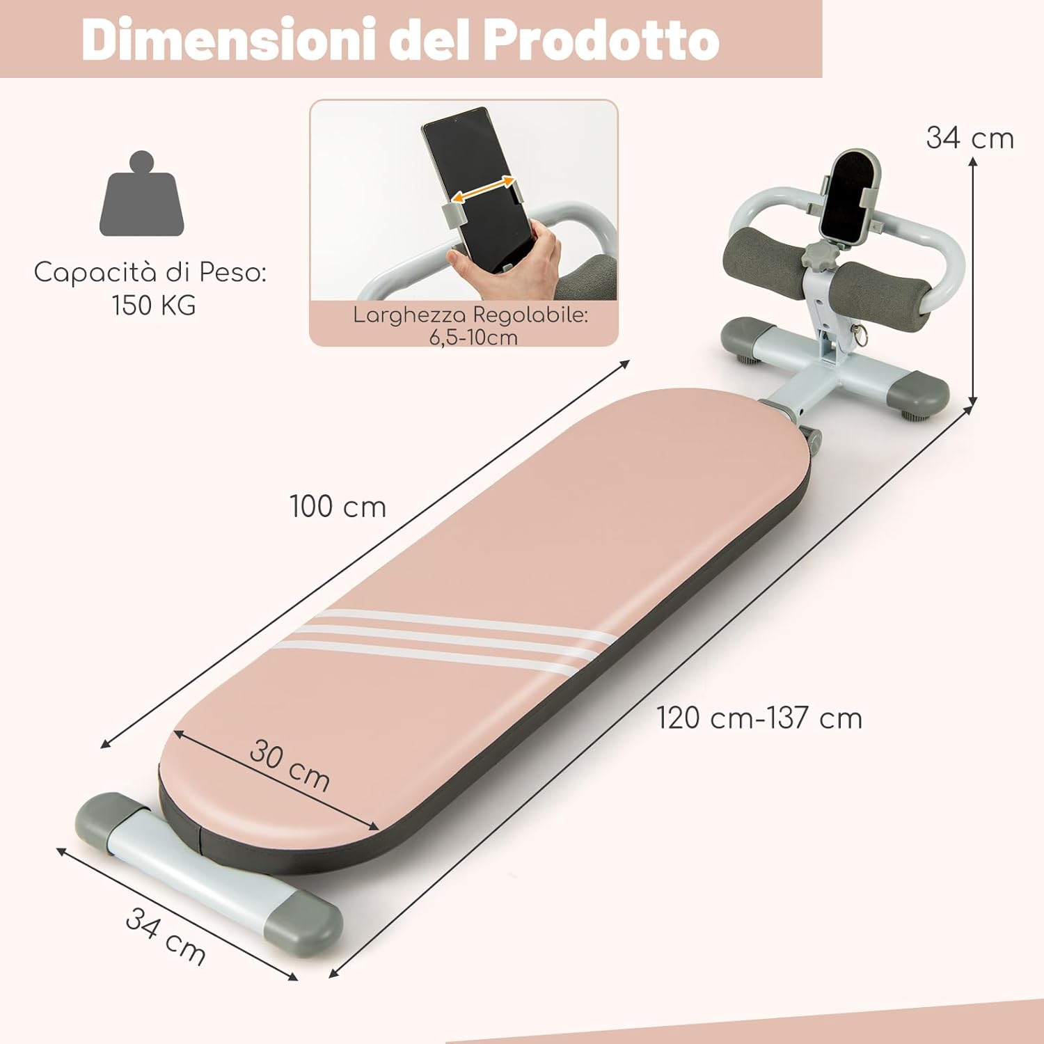 Panca per Addominali Multifunzionale, Panca da Allenamento Pieghevole con 3 Angoli Regolabili e Lunghezza Regolabile, Attrezzatura Fitness per Palestra Domestica, Portata 150 kg
