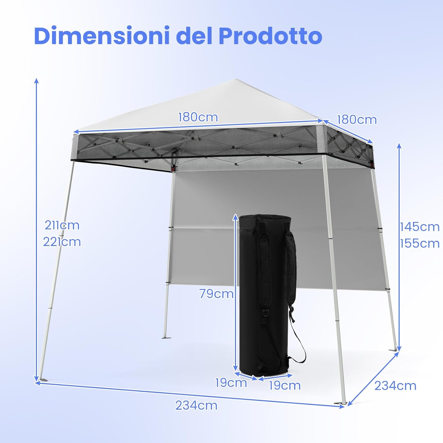 Gazebo Pop-up da Esterno 182 x 182 cm, Gazebo Pieghevole con 1 Parete Laterale, Gambe Inclinabili Regolabili e 4 Picchetti, Tendone Impermeabile per Feste, Campeggio e Picnic (Bianco)