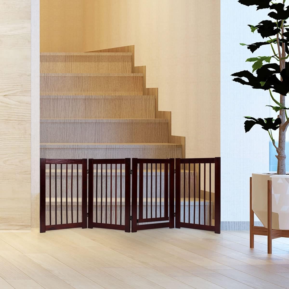 Cancelletto per Cani in Legno Massello, Cancello per Cani da Interno Girevole e Pieghevole, con 4 Ante, Cuscinetti Antiscivolo e Serratura, Ideale per Cani di Piccola/Media Taglia