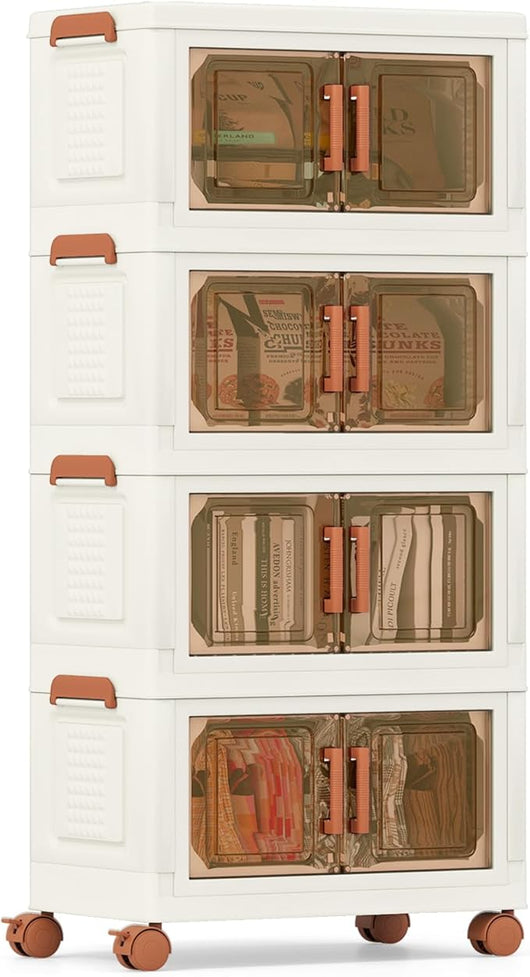 Contenitori Pieghevoli con Coperchio, Set da 4/3 Scatole di Plastica Impilabili con Ruote, per Organizzatore di Armadio con Porte a Apertura Frontale, Multiuso (62,5 x 34,5 x 130,5 cm)