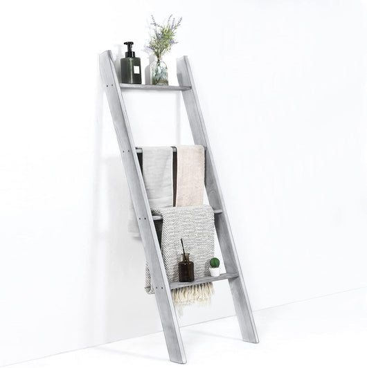 Scaffale di Stoccaggio in Legno di Pino, Porta Asciugamani a 4 Livelli per Bagno, Porta Salviette, Multiuso per Bagno Soggiorno (Grigio, 51 x 8 x 137 cm)