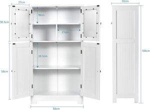 Armadietto del Bagno con 4 Ante, Armadietto con Ante di Vetro, Credenza di Legno con Mensole Regolabili, Organizer Multiuso per Casa Corridoio Salone Ufficio, Bianco