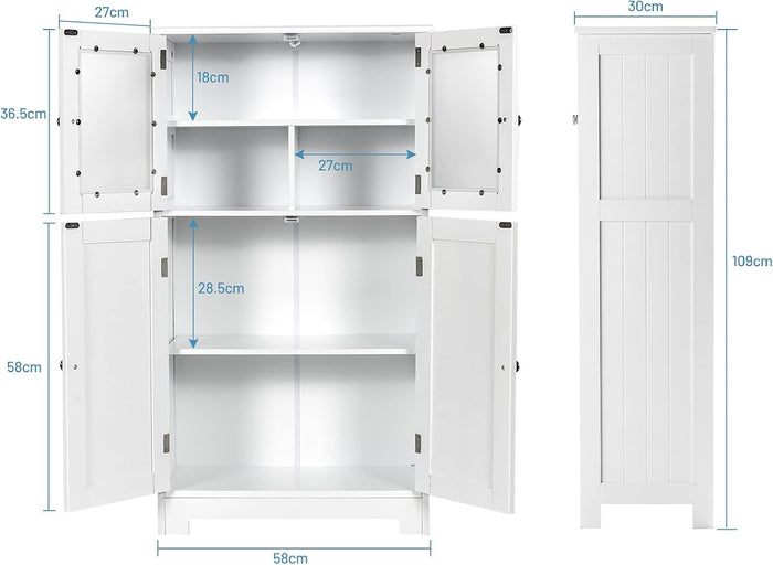 Armadietto del Bagno con 4 Ante, Armadietto con Ante di Vetro, Credenza di Legno con Mensole Regolabili, Organizer Multiuso per Casa Corridoio Salone Ufficio, Bianco