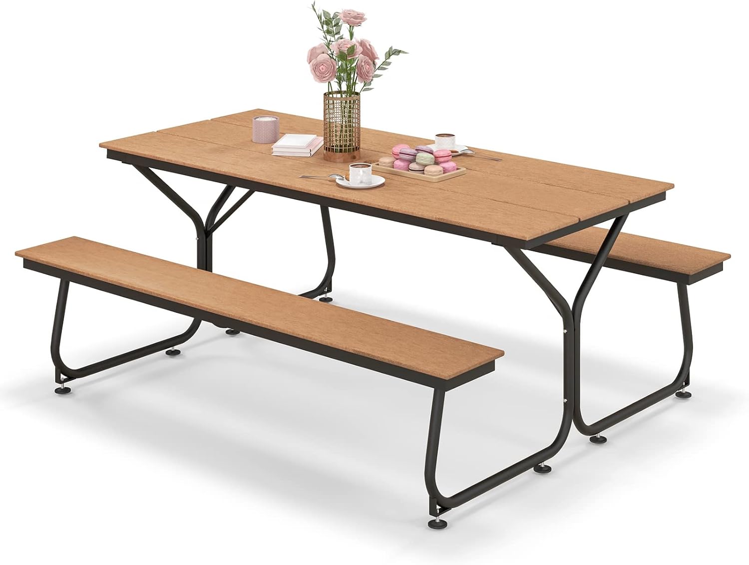 Tavolo con Panche da Esterno, Tavolo da Pranzo 183 CM con 2 Panche per 8 Persone, Tavolo da Picnic in Metallo e HDPE con Foro per Ombrellone, per Giardino Terrazzo (marrone)