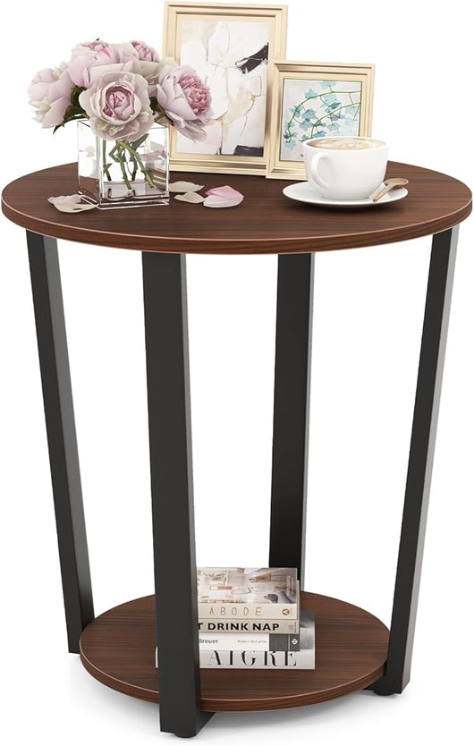 Tavolino Rotondo, Tavolino Laterale a 2 Ripiani con Mensola Aperta, Tavolino da Divano con Struttura in Metallo per Soggiorno, Camera da Letto e Piccoli Spazi (Noce)