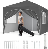 Gazebo Piehevole da Esterno 3 x 3 m, Gazebo Regolabile in Altezza con Pareti Rimovibili, Borsa con Ruote, Picchetti, Ancoraggi, Corde Vento e Sacchi di Sabbia, Tendone per Giardino (Grigio)