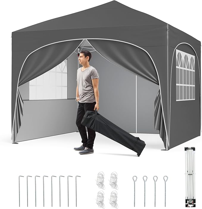 Gazebo Piehevole da Esterno 3 x 3 m, Gazebo Regolabile in Altezza con Pareti Rimovibili, Borsa con Ruote, Picchetti, Ancoraggi, Corde Vento e Sacchi di Sabbia, Tendone per Giardino (Grigio)