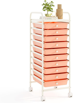 Carrello con 10 Cassetti da Stoccaggio, Cassettiera di Metallo e Plastica, Contenitore Multiuso con Ruote a Freno, per Casa e Ufficio (Arancia)