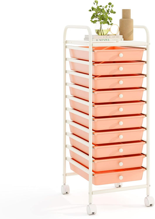 Carrello con 10 Cassetti da Stoccaggio, Cassettiera di Metallo e Plastica, Contenitore Multiuso con Ruote a Freno, per Casa e Ufficio (Arancia)